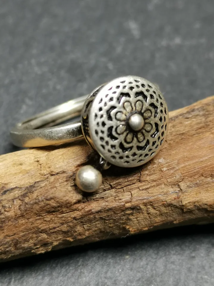 Gandhanra Unique Handcrafted Tibetan Silver Prayer Wheel Ring | Mandala Shape & Om Mantra | Adjustable Size | Protection Jewelry for Women