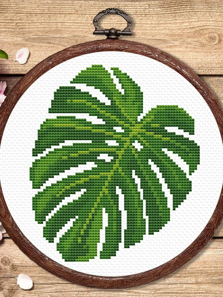 Set of 3 Leaf Cross Stitch Pattern, Flower Cross Stitch, Embroidery Monstera, Flowers xStitch, Monstera Leaf Cross Stitch Pattern #flw024