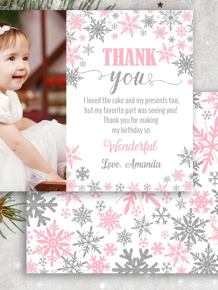 Winter Onederland Thank you card with photo, Winter Onederland Birthday Girl Decorations, Pink Silver Snowflake Note Card editable template