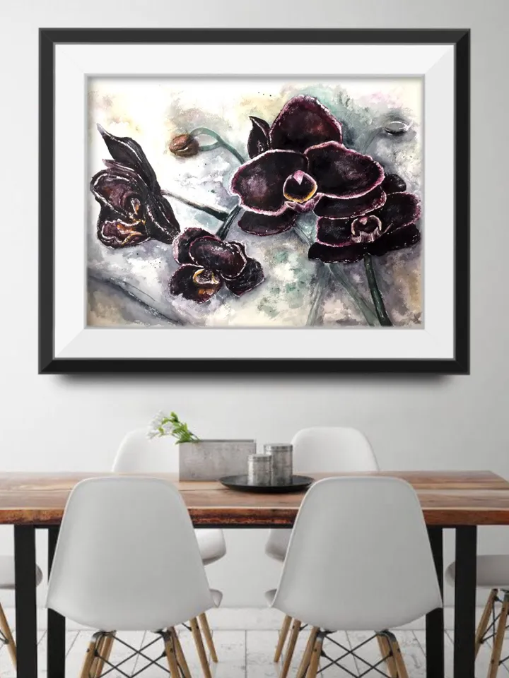 Black orchids,original watercolour painting,orchids wall art,watercolor flowers wall decoration.