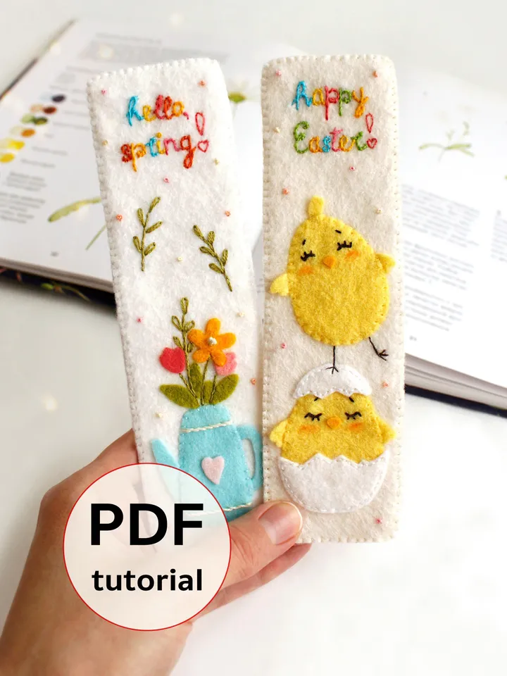 Felt "hello, spring!" and "happy Easter!" bookmarks hand sewing PDF tutorial with patterns. DIY Easter ornament. Book lover gift. Felt school supplies