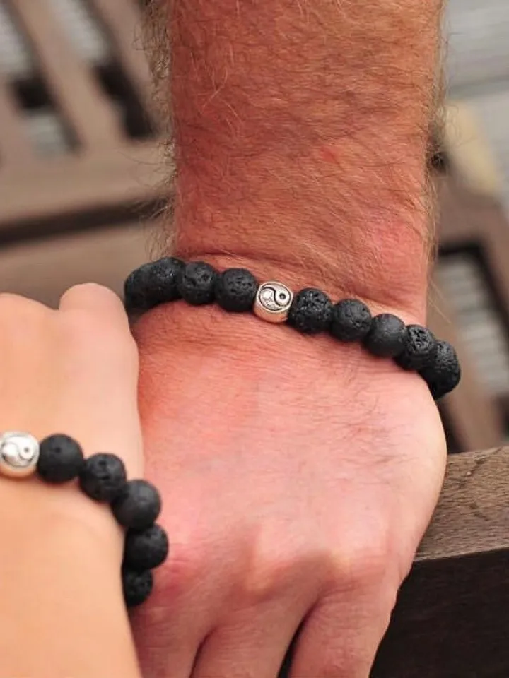 Couples Bracelets Set Genuine Lava Stone Ying Yang | Couples Gift Pairing Bracelets Gemstone Black | Couples Jewerly Bracelet Set Handmade