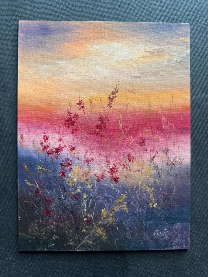 Sunset Oil Painting Meadow Wall Art Field Original Painting