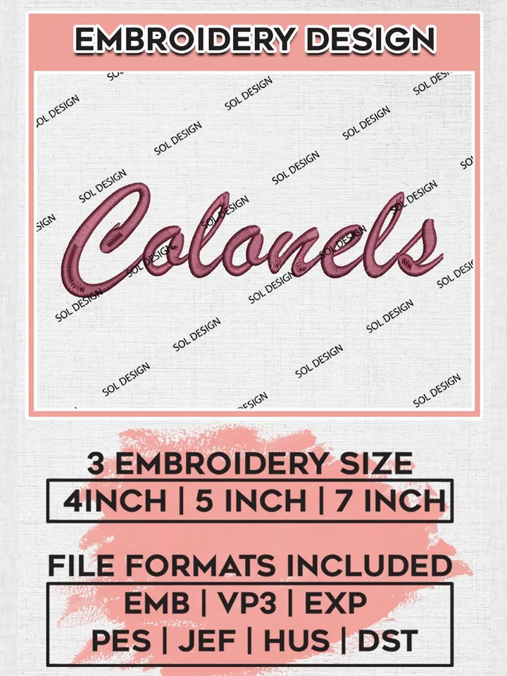 NCAA Colonels Team Word Logo Embroidery Design Files, NCAA Eastern Kentucky Colonels Machine Embroidery, NCAA Teams, 3 sizes, NCAA Machine embroidery designs, Digital Download
