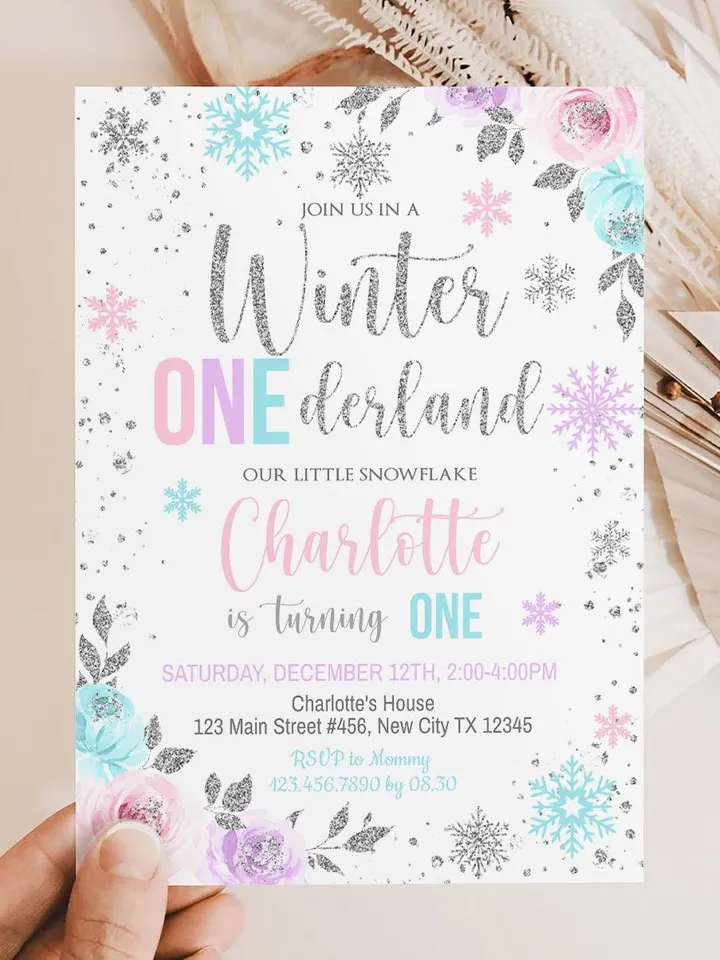 Winter Onederland Birthday Girl Invitation, Winter Wonderland 1st Birthday Invitation, First Birthday Snowflake Editable Template i098