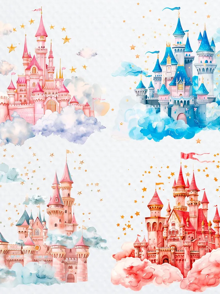 12 Princess Castle PNG Clipart, Watercolor Princess Castle In the clouds and stars for sublimation, Castle   Paper craft, Junk Journals