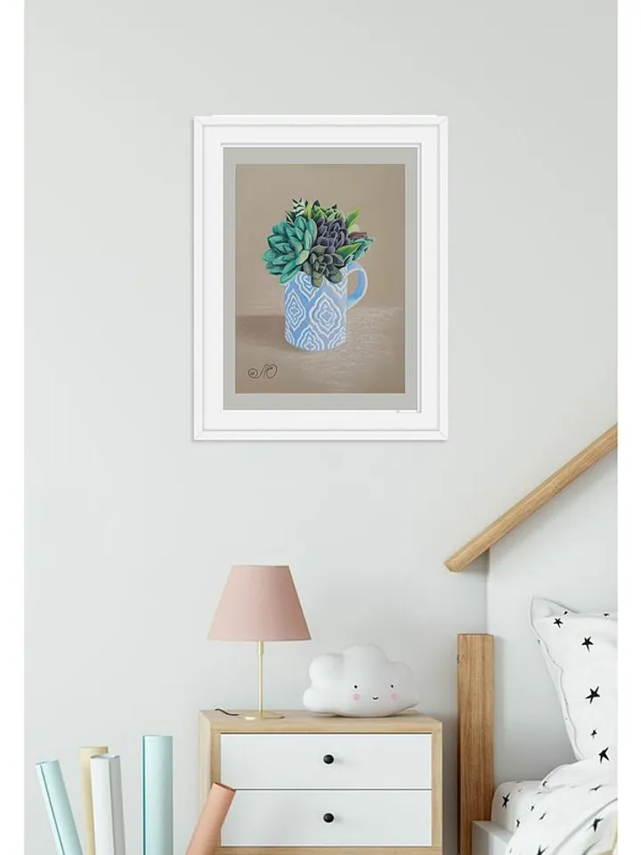 Succulent Painting Cup Original Art Cactus Wall Art Floral Soft Pastel Painting