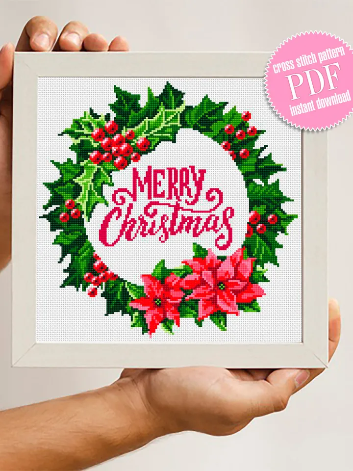 Christmas wreath cross stitch pattern PDF Poinsettia wreath cross stitch chart, Holiday cross stitch Instant download PDF, Holly berry #N17