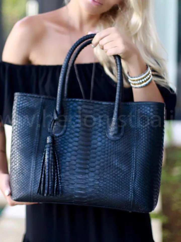 Genuine python skin big classy black bag / elegant women purse / designer leather bag / exotic leather bags