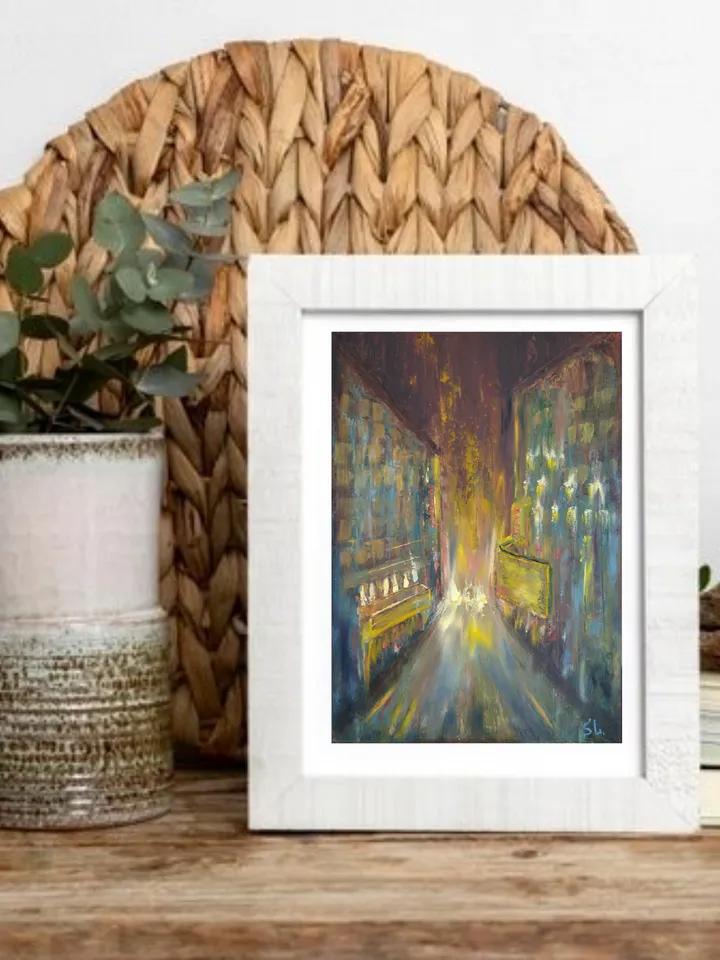 Oil painting with night city and lanterns, original art, night on the city streets, cardboard 12x8 inches