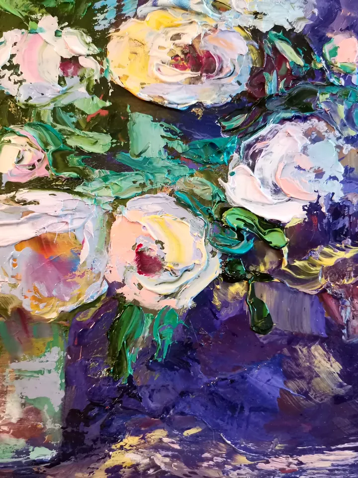 Peonies Glass Vase Candy Oil Painting Flower Impasto Original Artist Svinar Oksana