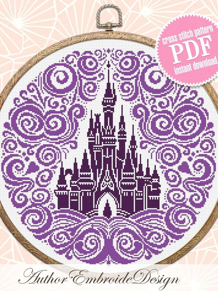 Cinderella castle mandala cross stitch pattern PDF download Magic Kingdom cross stitch chart, Fairy castle silhouette embroidery PDF #C8