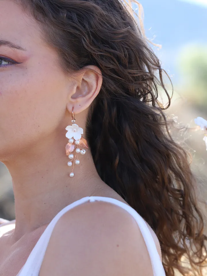 Polymer Clay Flower Boho Wedding Earrings, Rose Gold Leaf Chandelier Bridal Earrings, Pearl Statement Wedding Earrings, Statement Jewelry
