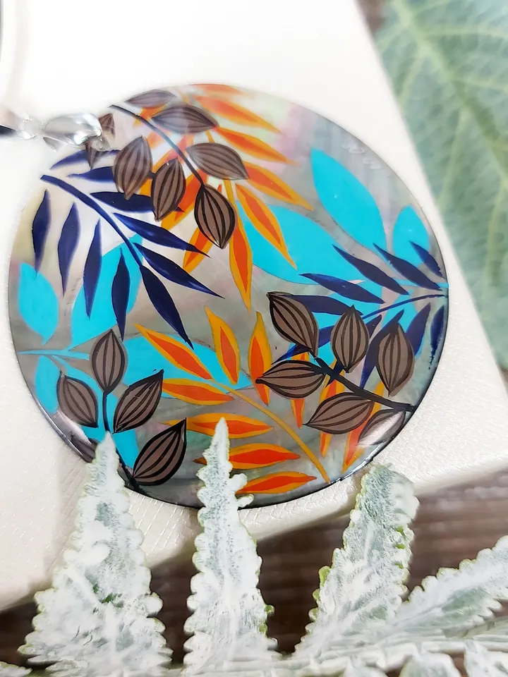 Pearl pendant necklace: Fall leaves motif painted on handmade necklace. Autumn pendant for dainty dress. Nature jewelry handcrafted on shell