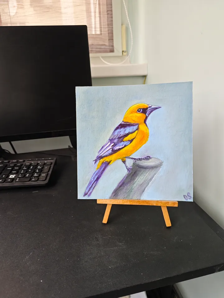 Oriole Bird Original Painting Bird Original Art Animal Modern Artwork Yellow Bird Wall Art Bright Yellow Bird Painting 8x8 inches by OlgaSokolovaArt