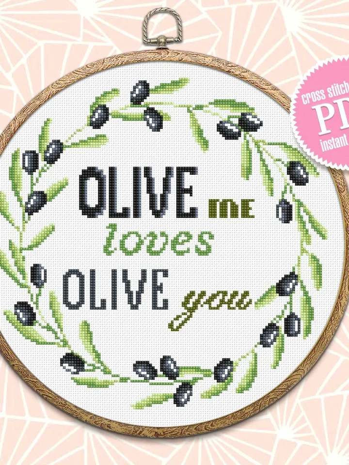 Olive wreath cross stitch pattern digital PDF Floral cross stitch quote OLIVE me loves olive you Easy beginner stitch Olive tree chart #Q22