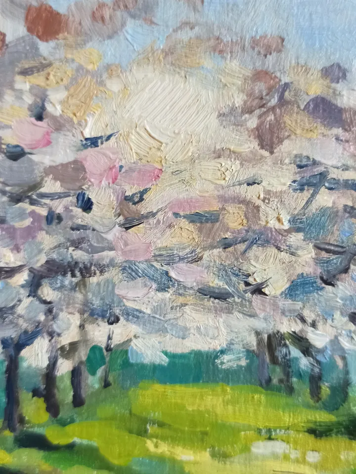 Bright Landscape Flowering Fruit Trees Beautiful Garden Small Oil painting 5x7 inches Cherry Blossoms