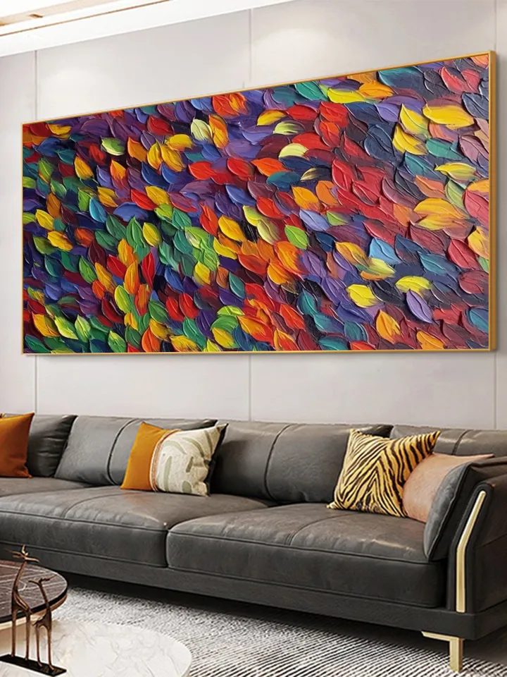 Original Rainbow Impasto Painting, Textured Abstract Art, Colorful Wall Art, 3D Canvas Art, Leaf Painting, Modern Art, Large Wall Decor