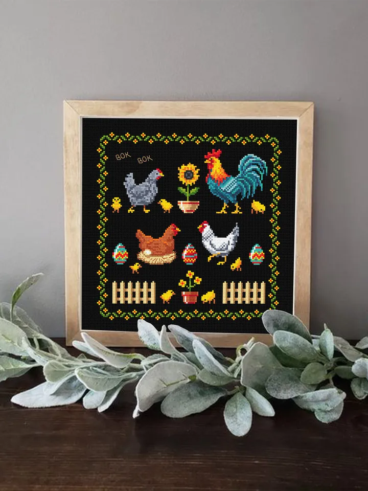 Rooster and Chicken sampler cross stitch pattern PDF download, Easter sampler pattern digital PDF, Farmhouse chicken wall decor #T36