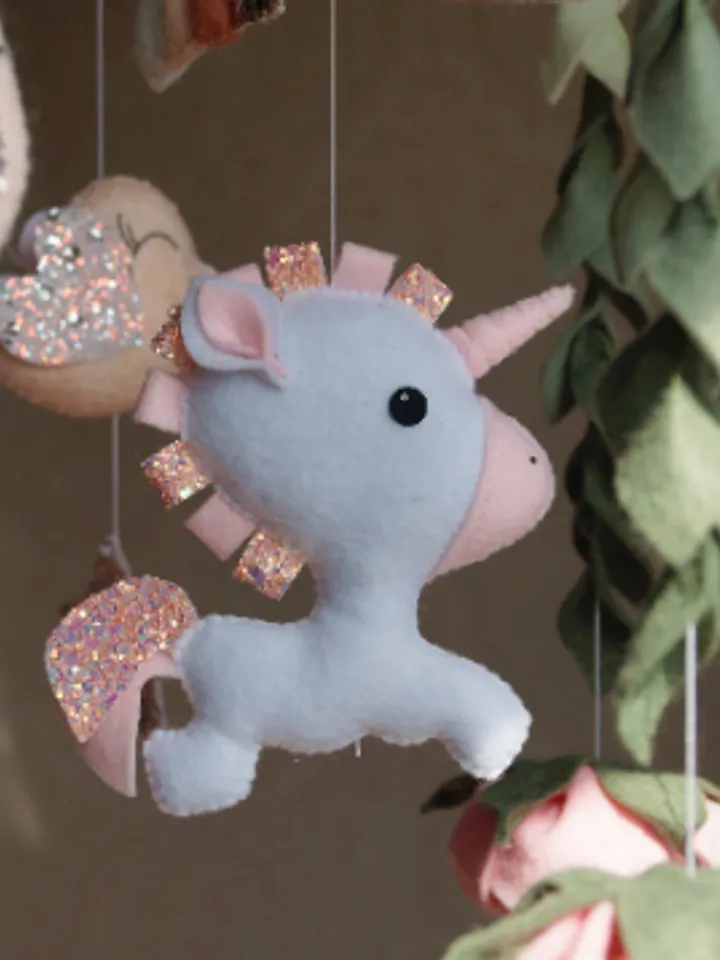 Rainbow unicorn mobile for flower nursery, felt flowers and birds for girl's crib decor