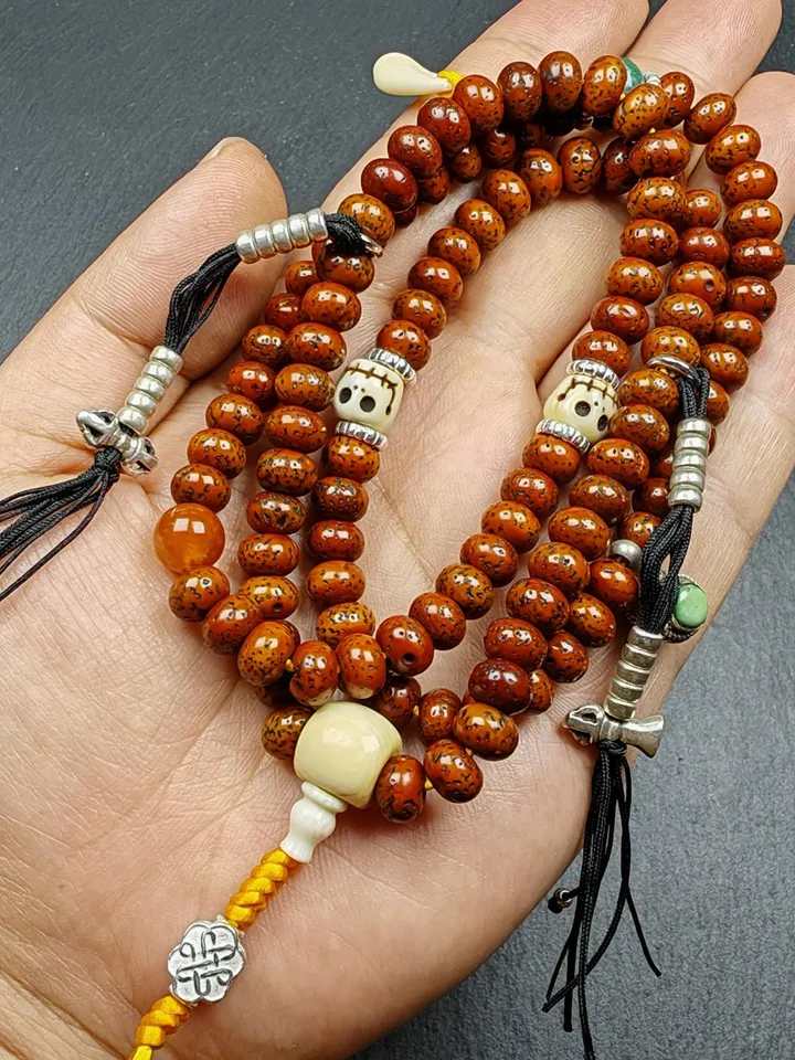 Gandhanra Authentic Tibetan Rosary, Old 7.8mm 108 Lotus Seed Mala Necklace - Handcrafted Tibetan Prayer Beads with Unique Mix of Treasures
