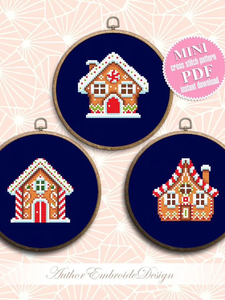 Set Gingerbread house cross stitch pattern PDF download Small cross stitch for beginners, Christmas pattern digital PDF, Happy New Year #N95