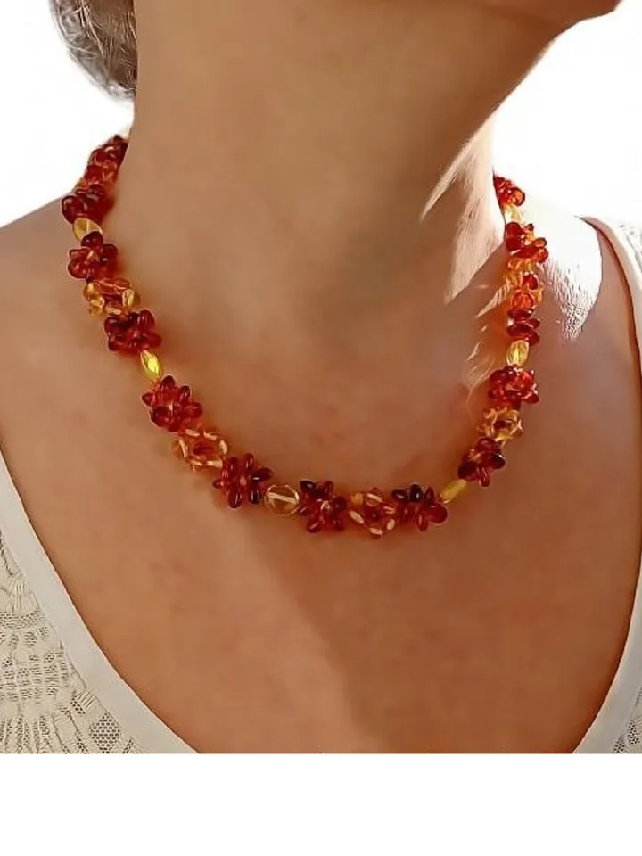 Natural Amber Flower Jewelry Necklace Women Multicolor Gemstone beads necklace Birthday Christmas Gift for Mom to Wife handmade Holiday Jewelry