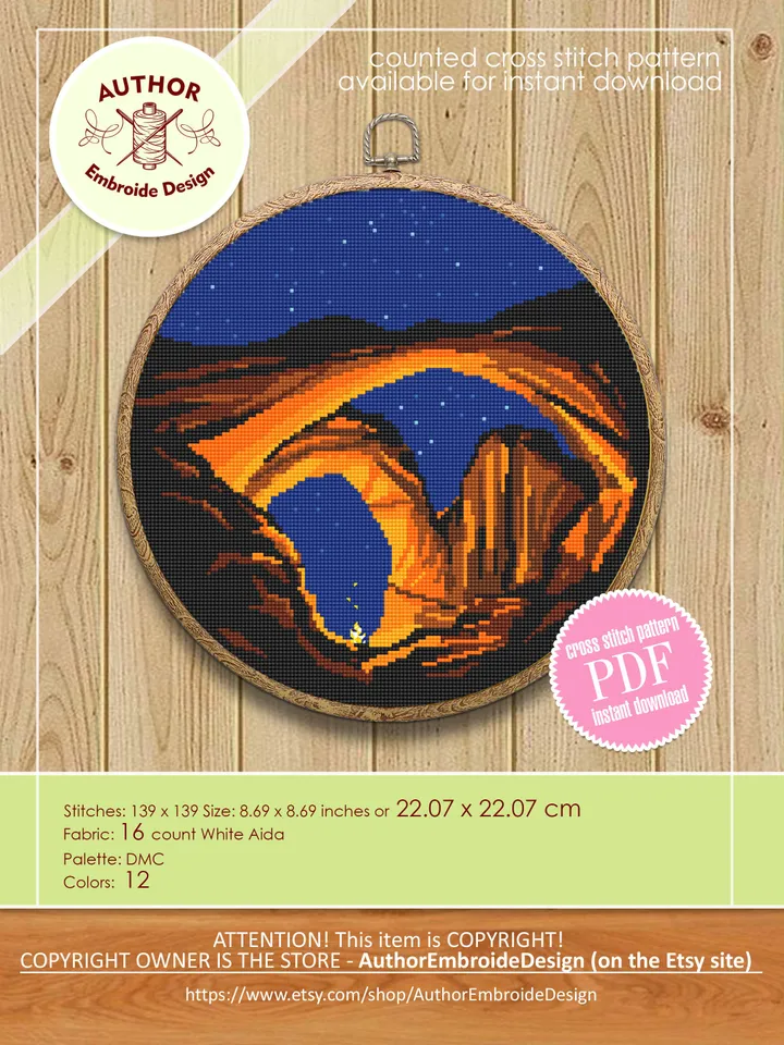 Arches national park cross stitch pattern download PDF Night nature xstitch chart Modern landscape embroidery PDF Nature lover gift #L17