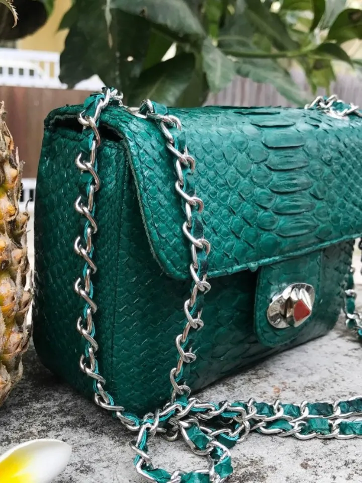 Genuine Python Skin Dark green Crossbody Bag  | Adjustable Chain Classy Elegant snake Small Lady Summer Purse | Designer leather bags