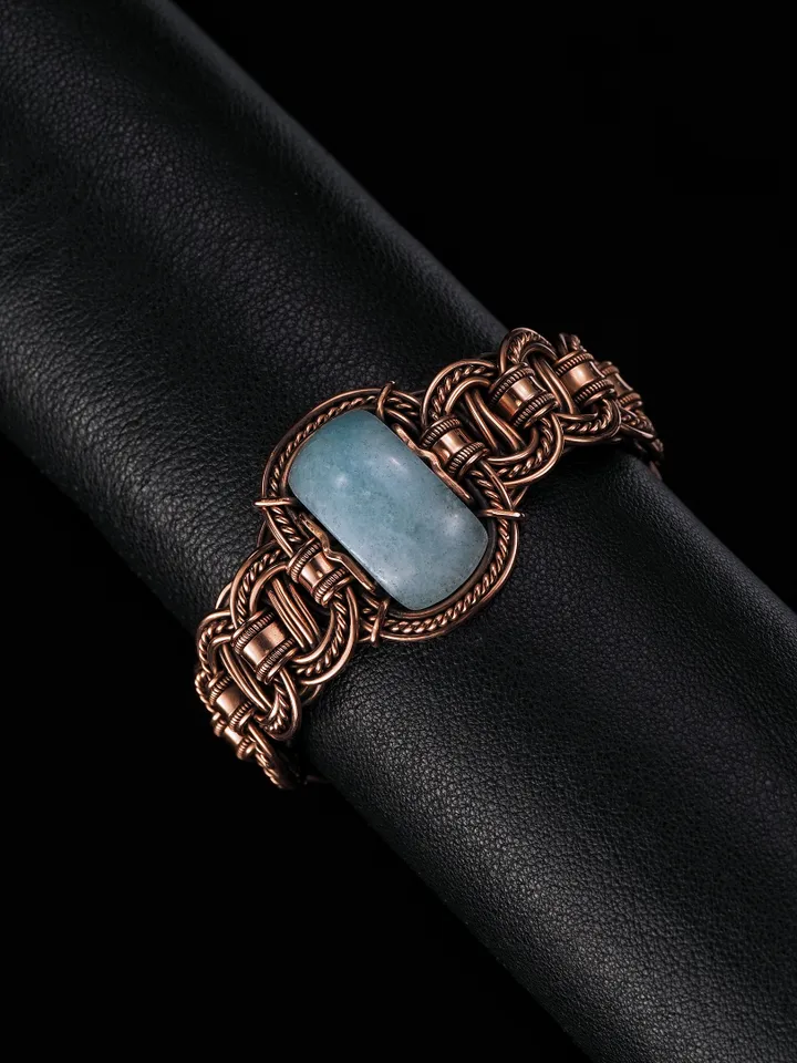 Copper wire wrapped aquamarine bracelet Unique bangle 7th Wedding Anniversary