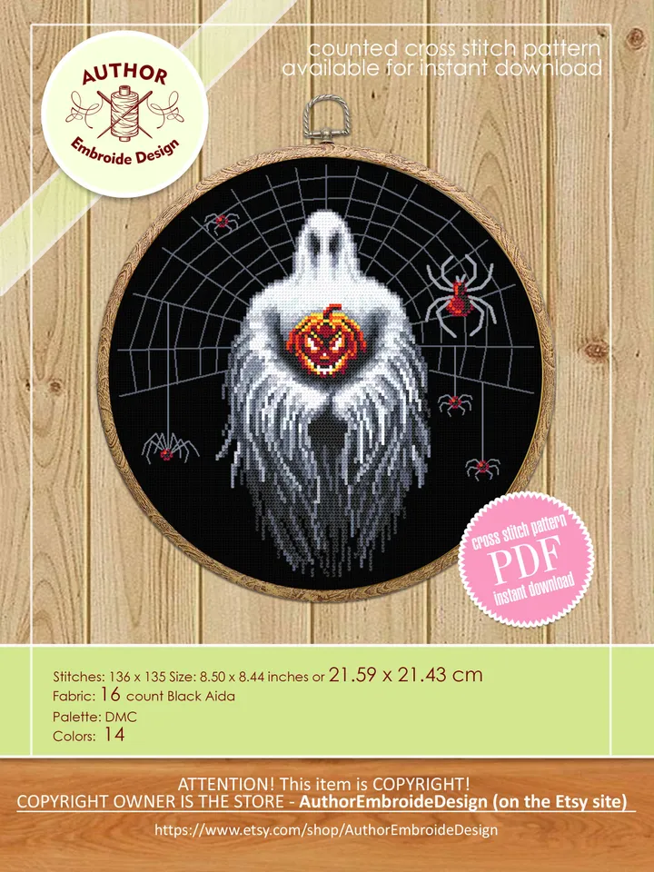Gothic Halloween cross stitch pattern download PDF, Spooky ghost cross stitch chart, Halloween spider cross stitch, Scary halloween #H40