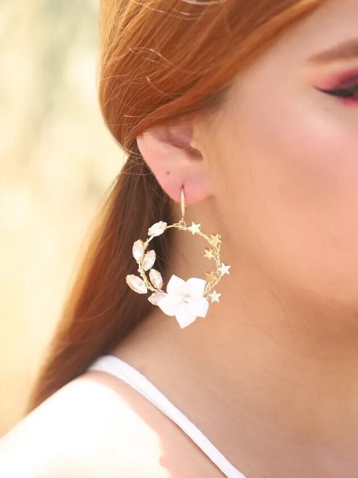 Hoop Star Celestial Gold Wedding Earrings, Porcelain Flowers Bridal Earrings, Swarovski Crystal Statement Wedding Jewelry, Boho Jewellery
