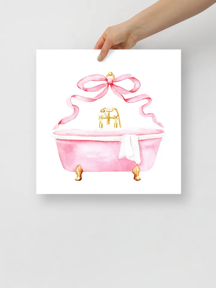 Pink Bathroom Vintage Bow Art Print, Watercolor Painting, Retro Bathroom Decor, Girls Bathroom Decor, Pink Bathtub, Gift For Her, Bath Time