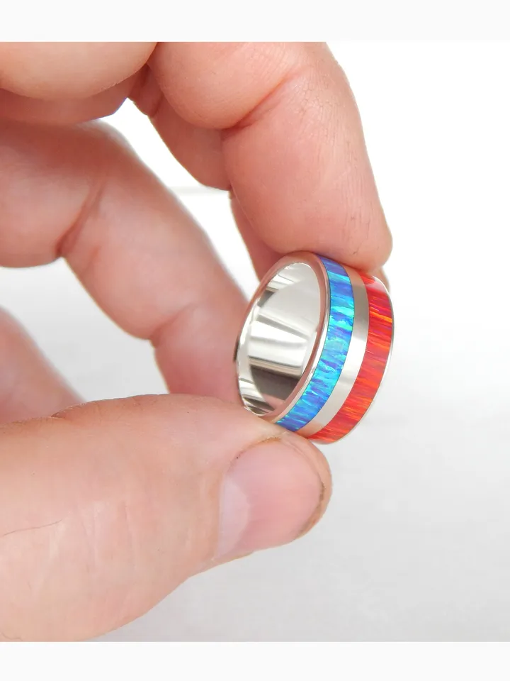 Silver band ring. Silver ring with synthetic opal.