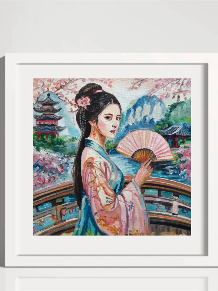 The Girl at a Pagoda Art Original Oil painting Oil on canvas