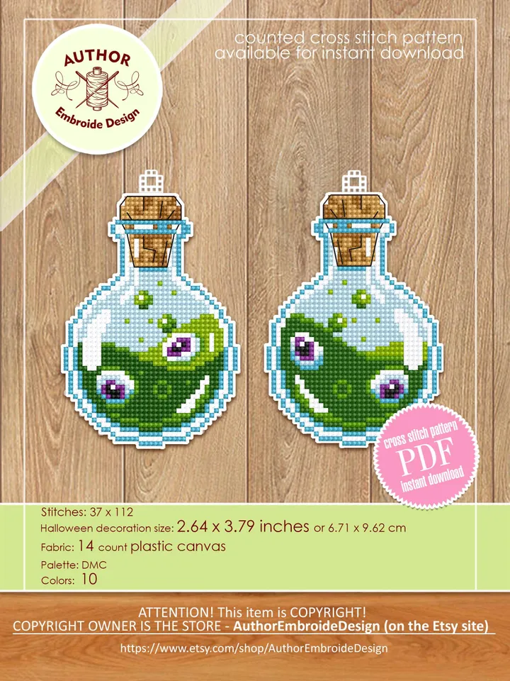 Potion bottle cross stitch pattern PDF download Double-sided Halloween ornament cross stitch chart, Halloween tree decor, Witch bottle #H72