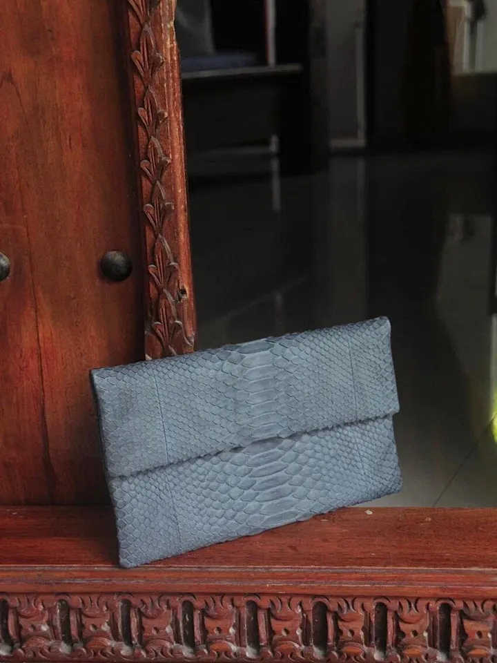 Genuine Python Skin Grey Clutch | Small Evening Classy Elegant Snake Python Leather Flat Clutch | Small Purse | Reptile Bags