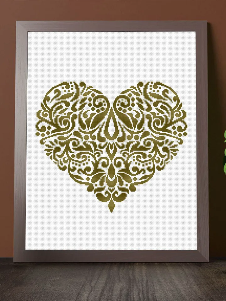 Floral heart cross stitch pattern PDF download Heart mandala cross stitch chart, Monochrome heart ornament cross stitch, Home decor #M229