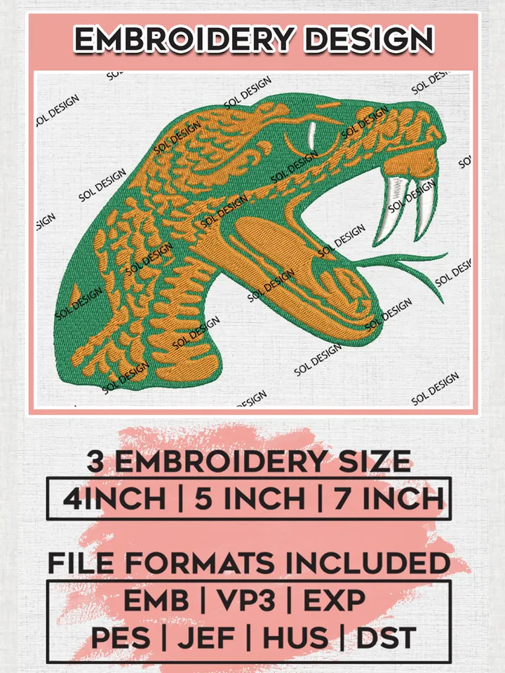 NCAA Florida A&M Rattlers Team Head Mascot Logo Embroidery Design Files, NCAA Florida A&M Rattlers Machine Embroidery, NCAA Teams, 3 sizes, NCAA Machine embroidery designs, Digital Download