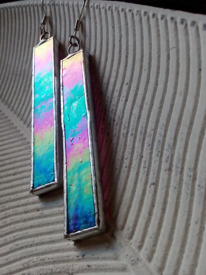 Iridescent stained glass earrings, cute rectangle earrings, dichroic earrings, duochrome earrings