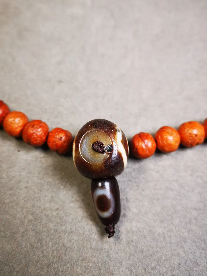 Gandhanra Old 2 Eyed Dzi Guru Bead,T-drilled 3-Hole Mala Bead, Prayer Bead,Connector Bead for Buddhist Bead