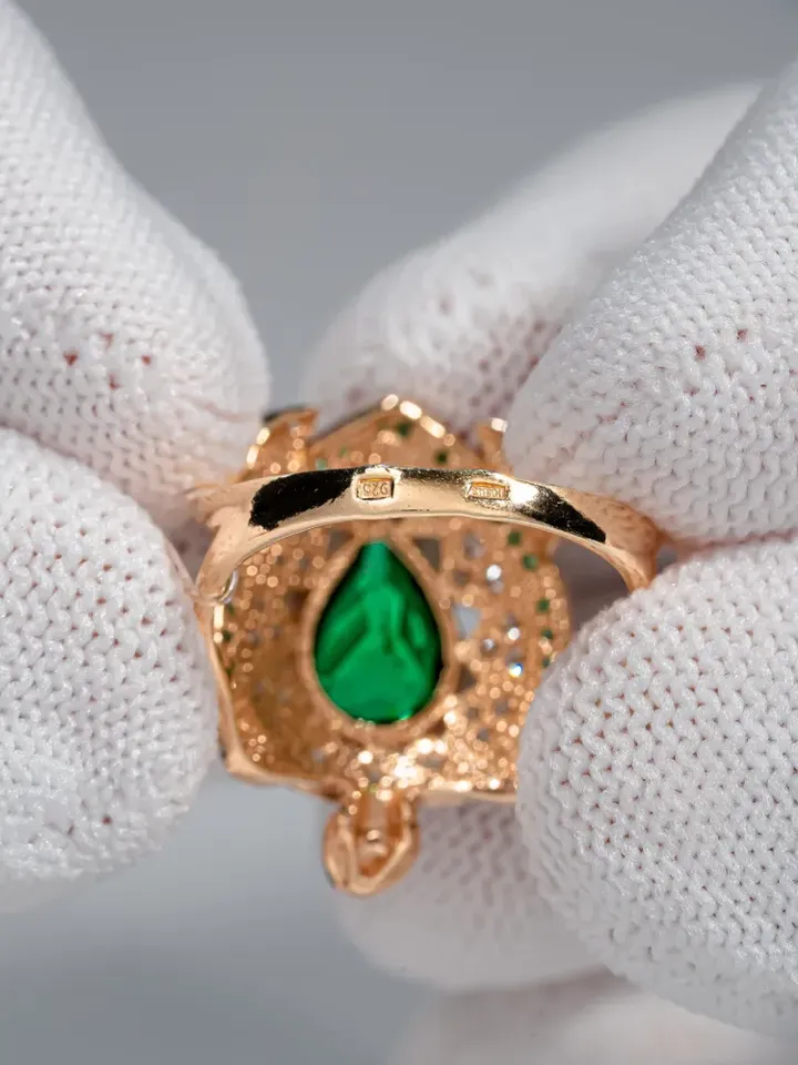Ring Silver gold plated 925 assay value with green cubic zirconia