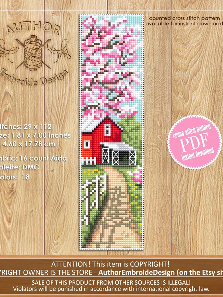 Spring bookmark cross stitch pattern PDF download Cherry blossom tree cross stitch chart, Nature bookmark pattern digital PDF Red barn #B469