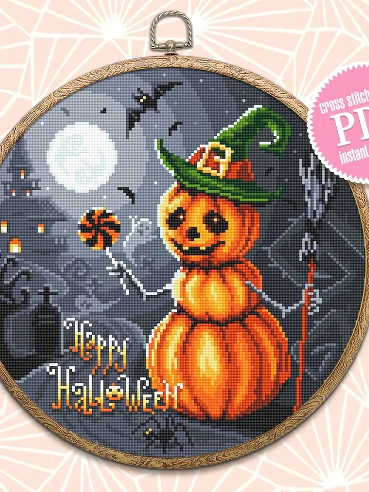 Happy Halloween cross stitch pattern download PDF Snowman pumpkin cross stitch chart, Spooky Halloween embroidery PDF, Gothic decor #H44