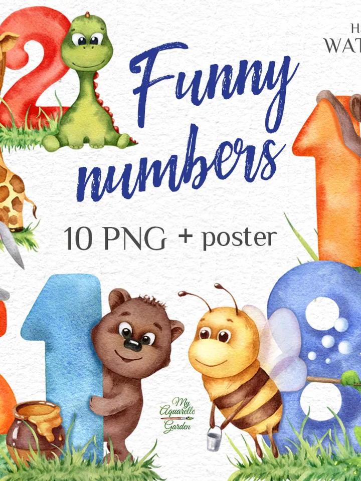 Numbers poster. Cute animals. Watercolor charactres. Printable educational art. Playroom, classroom, nursery decor. Instant download, PNG