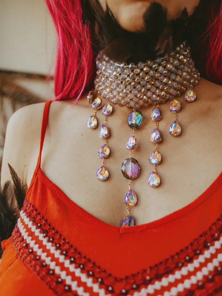 Custom Jewelry Set for Tara. Beaded necklace with hanging crystals, beaded bracelets and feather additions
