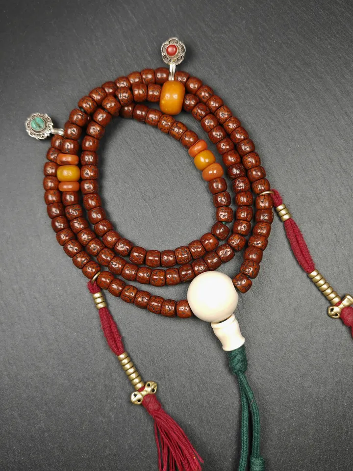 Authentic Tibetan 9+mm 108 Rudraksha Rosary, Old Necklace Mala,Tibetan Prayer Beads with Unique Mix of Treasures,Spiritual Gift