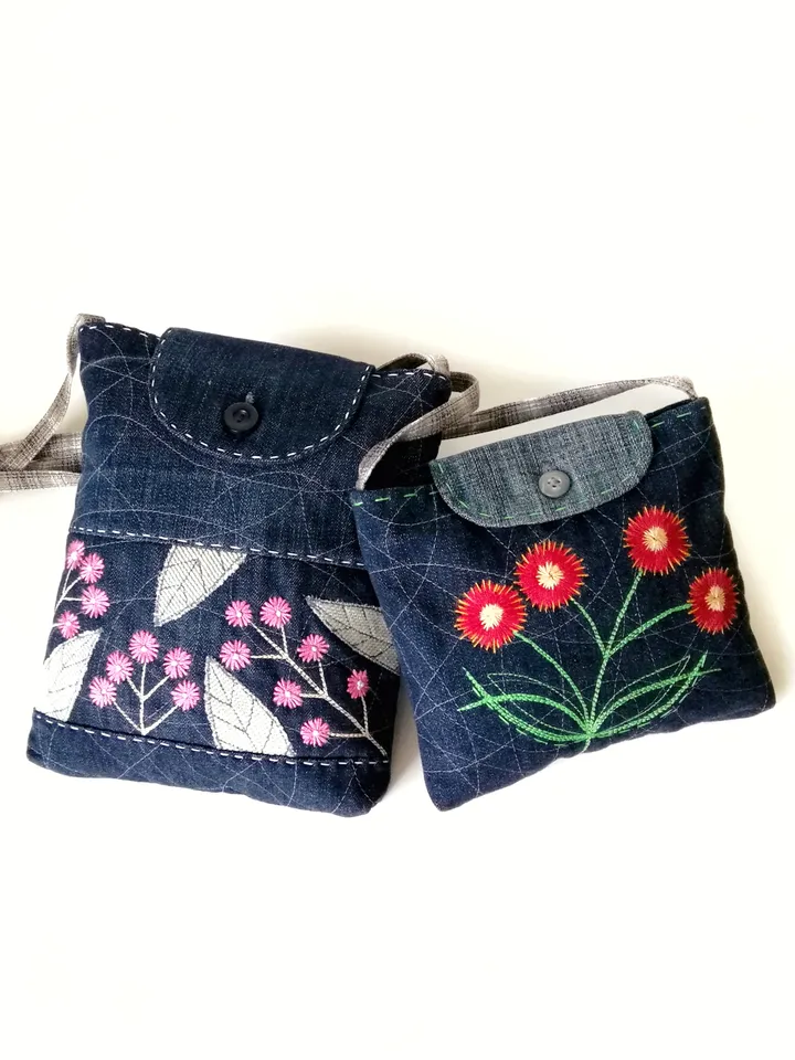 Handmade Small Denim Hand Embroidered Purses for Women, Handcrafted Boho Style Shoulder Bags - Floral Accents for Ladies. FREE SHIPPING!