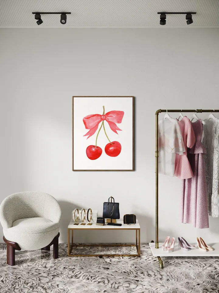 Cherry Bow Print Watercolor Painting, Vintage Cherry Art, Pink And Red Art, French Cherry Art, Girly Room Wall Art, Trendy Pink Art Print