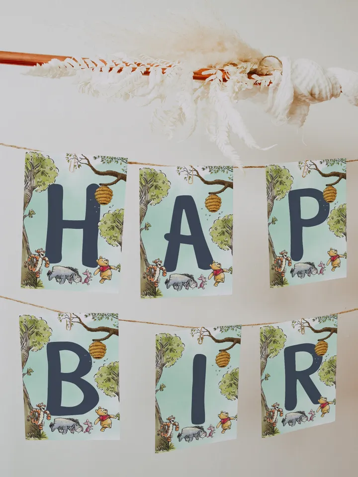 Editable Happy Birthday Banner garland Winnie the Pooh First Birthday Banner Garland; Hundred Acre Wood Party; Instant Download; wp5